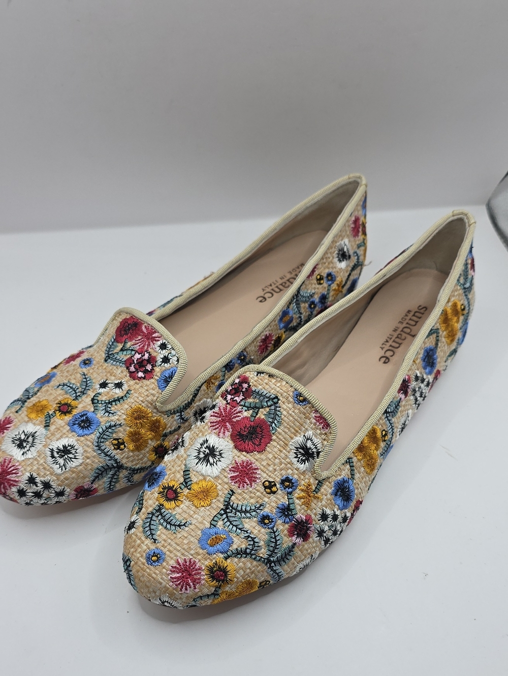 Sundance Made In Italy Straw Embroidered Loafers Size 39